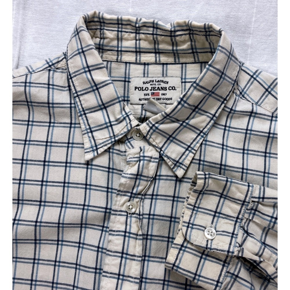 Ralph Lauren Polo Jeans Co Plaid Button Down Shirt Mens XL Cream Blue Cotton